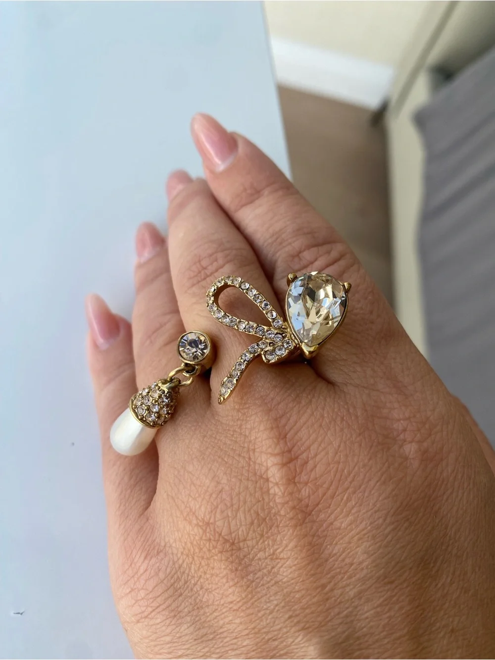 Oscar de la Renta Gold Crystal Bow Ring with Pearl Drop